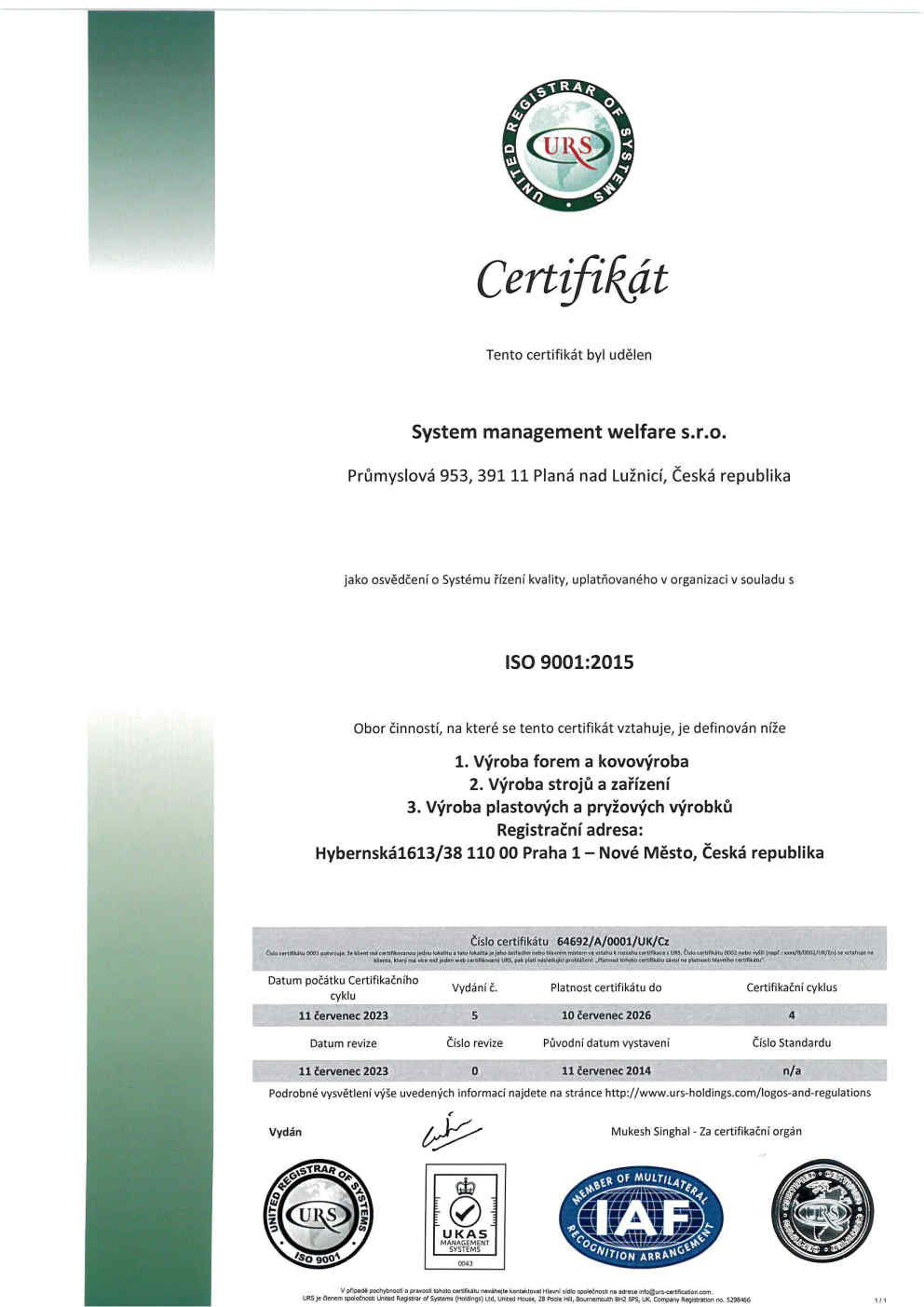 System management welfare cert ISO__ 9001 CZ - issue 5